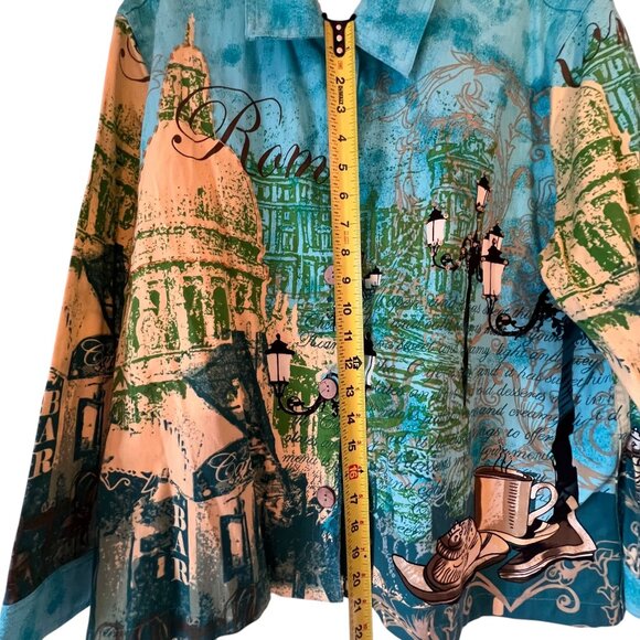 Jane Ashley Rome Button-Up Shirt Jacket Italy 1X Landmarks Streetlamps Europe - Picture 10 of 13